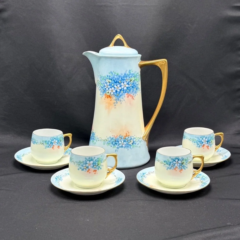 Vintage Porcelain Chocolate Pot Set Blue Floral Gold Gilt 4 Cups and Saucers